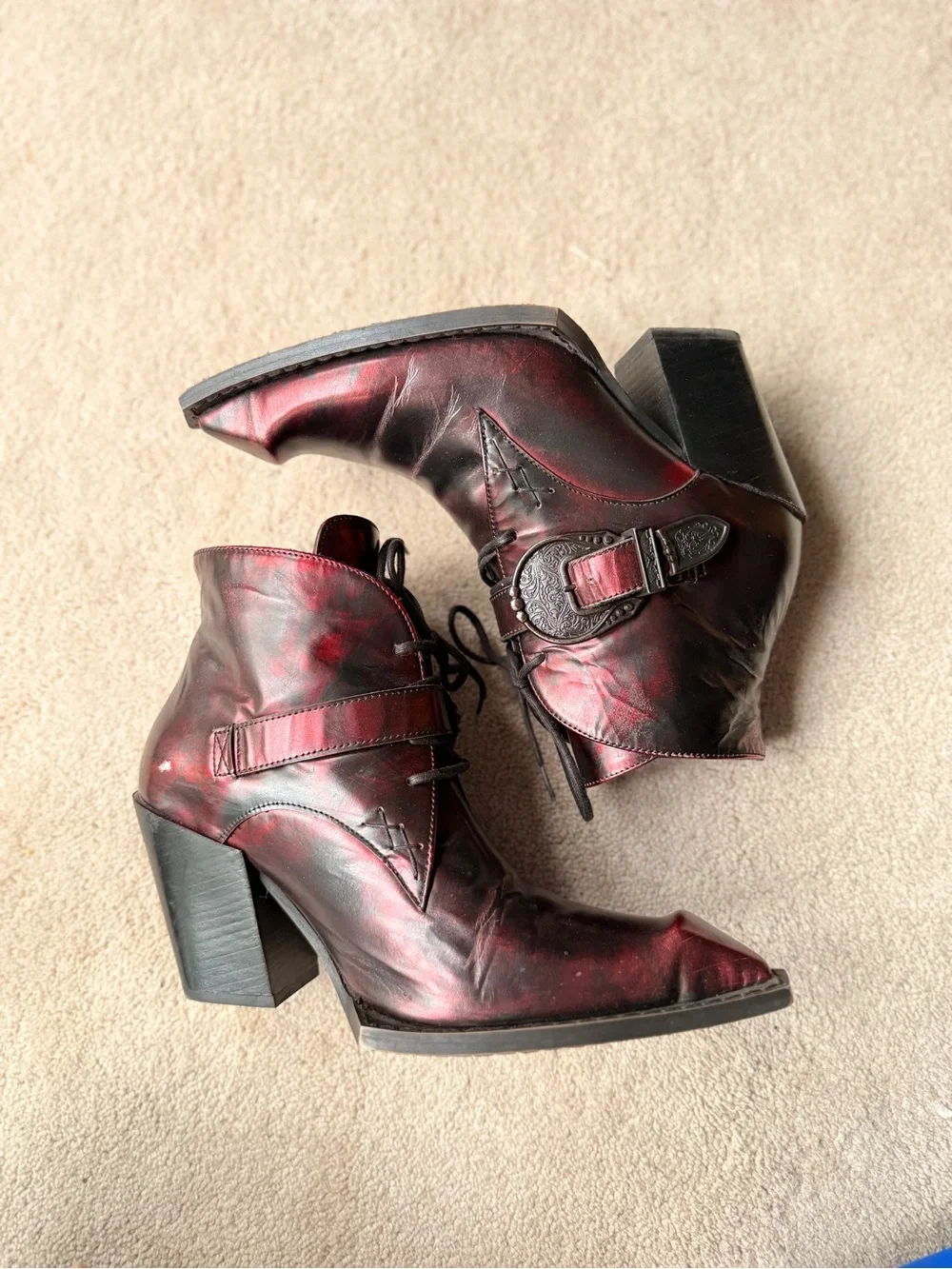 John Fluevog Swordfish Hi Fauvist Fries Iridescent Red Ankle Boots 8 EUC - Picture 6 of 14